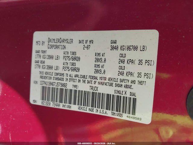 Aukcja sprzedaży 2007 Dodge Ram 1500 St/slt, vin: 1D7HU18N67J579082, numer aukcji: 46006553