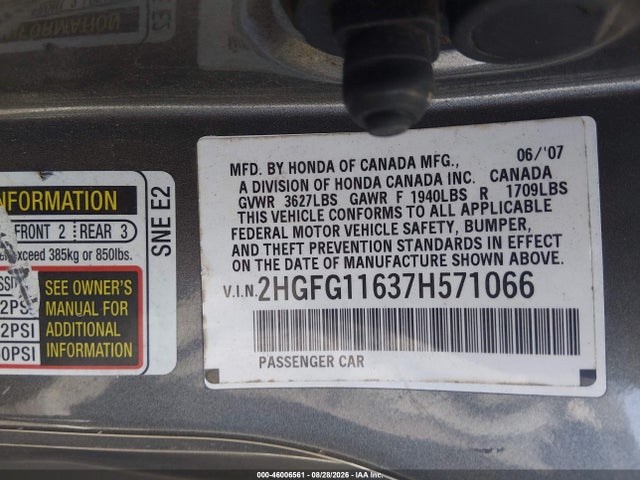 Продаж на аукціоні авто 2007 Honda Civic Lx, vin: 2HGFG11637H571066, номер лоту: 46006561