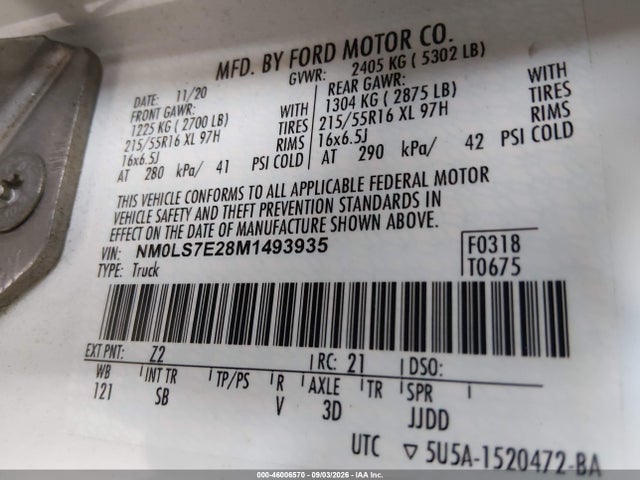46006570 :رقم المزاد ، NM0LS7E28M1493935 vin ، 2021 Ford Transit Connect Xl مزاد بيع