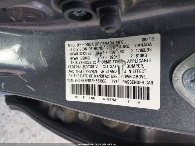 2015 Honda Civic Ex მანქანა იყიდება აუქციონზე, vin: 2HGFB2F85FH553066, აუქციონის ნომერი: 46006594