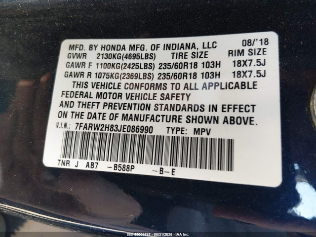2018 Honda Cr-v Ex-l/ex-l Navi მანქანა იყიდება აუქციონზე, vin: 7FARW2H83JE086990, აუქციონის ნომერი: 46006597