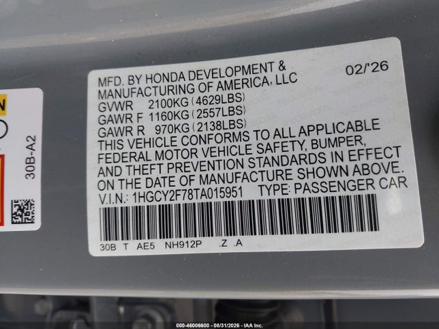 Aukcja sprzedaży 2026 Honda Accord Hybrid Sport-l, vin: 1HGCY2F78TA015951, numer aukcji: 46006600