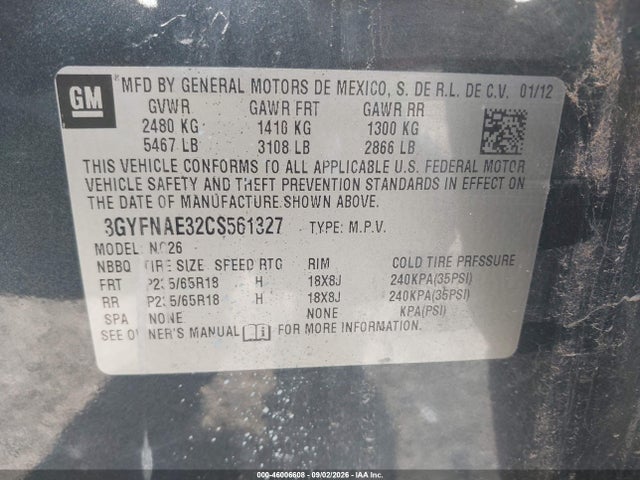 46006608 :رقم المزاد ، 3GYFNAE32CS561327 vin ، 2012 Cadillac Srx Luxury Collection مزاد بيع