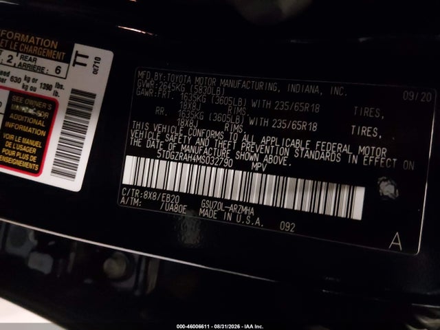 Aukcja sprzedaży 2021 Toyota Highlander Xle, vin: 5TDGZRAH4MS032790, numer aukcji: 46006611