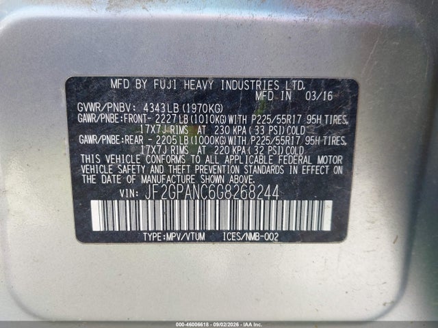 46006618 :رقم المزاد ، JF2GPANC6G8268244 vin ، 2016 Subaru Crosstrek 2.0i Limited مزاد بيع