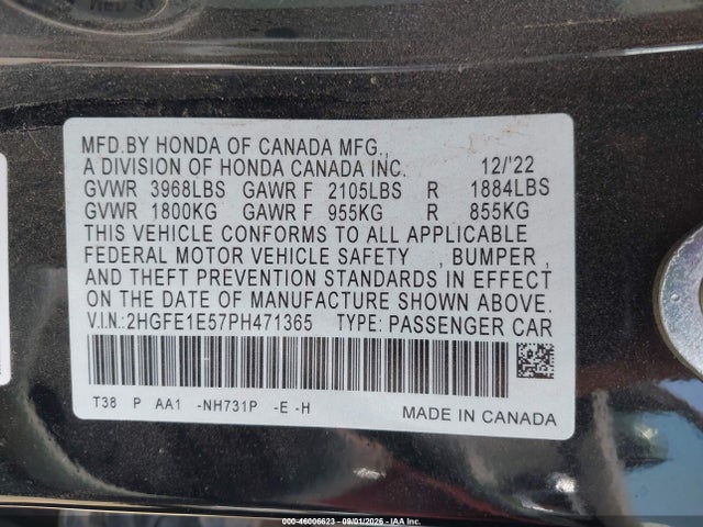 2023 Honda Civic Si Sedan მანქანა იყიდება აუქციონზე, vin: 2HGFE1E57PH471365, აუქციონის ნომერი: 46006623