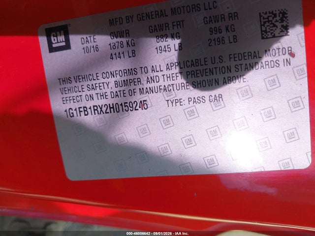 Продажа на аукционе авто 2017 Chevrolet Camaro 1lt, vin: 1G1FB1RX2H0159245, номер лота: 46006642