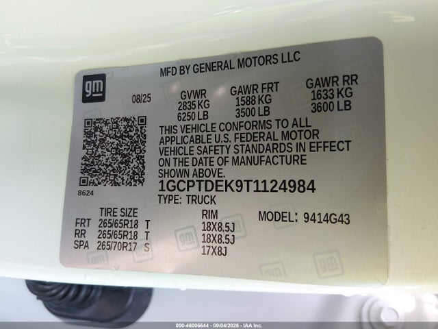 Aukcja sprzedaży 2026 Chevrolet Colorado Z71, 4wd, vin: 1GCPTDEK9T1124984, numer aukcji: 46006644