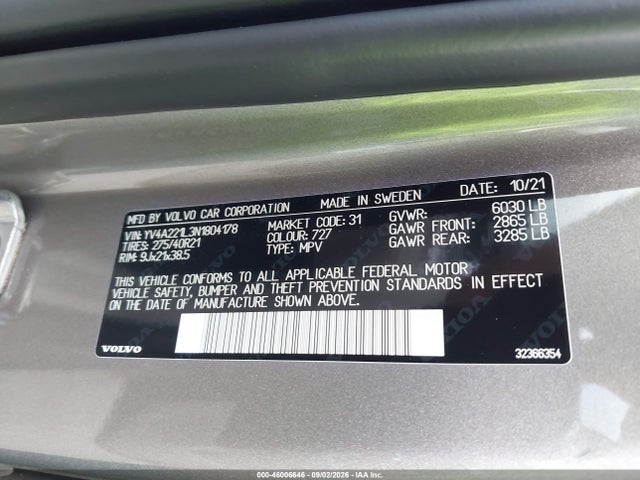Продаж на аукціоні авто 2022 Volvo Xc90 T6 Inscription 6 Passenger, vin: YV4A221L3N1804178, номер лоту: 46006646