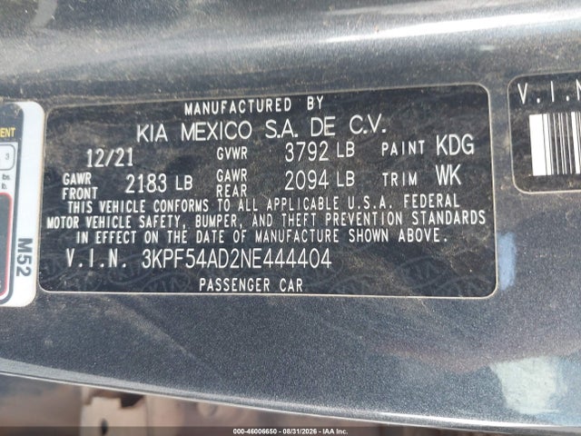 46006650 :رقم المزاد ، 3KPF54AD2NE444404 vin ، 2022 Kia Forte Gt-line مزاد بيع