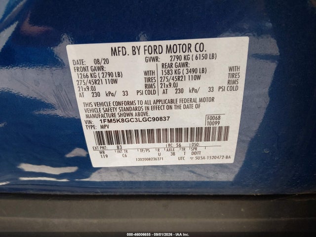 2020 Ford Explorer St მანქანა იყიდება აუქციონზე, vin: 1FM5K8GC3LGC90837, აუქციონის ნომერი: 46006655