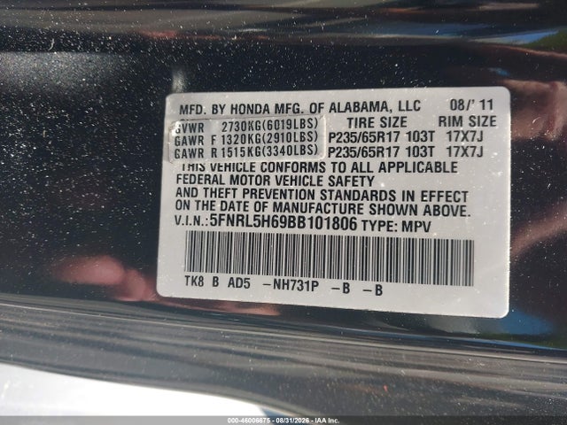 46006675 :رقم المزاد ، 5FNRL5H69BB101806 vin ، 2011 Honda Odyssey Ex-l مزاد بيع