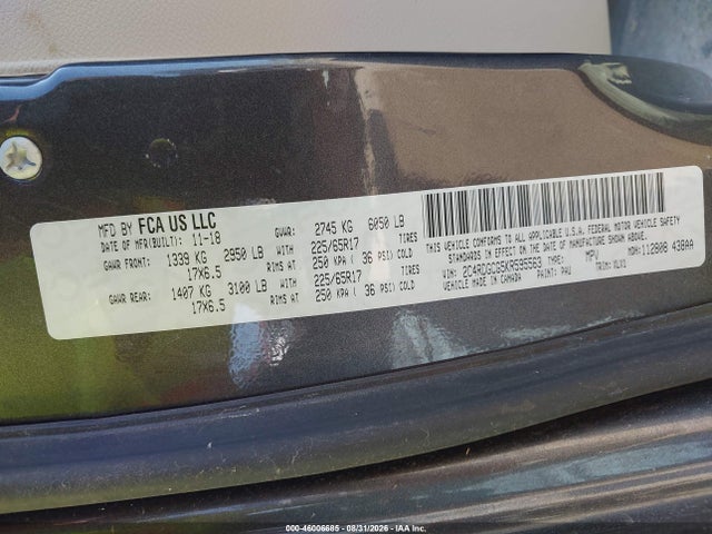 46006685 :رقم المزاد ، 2C4RDGCG5KR595563 vin ، 2019 Dodge Grand Caravan Sxt مزاد بيع