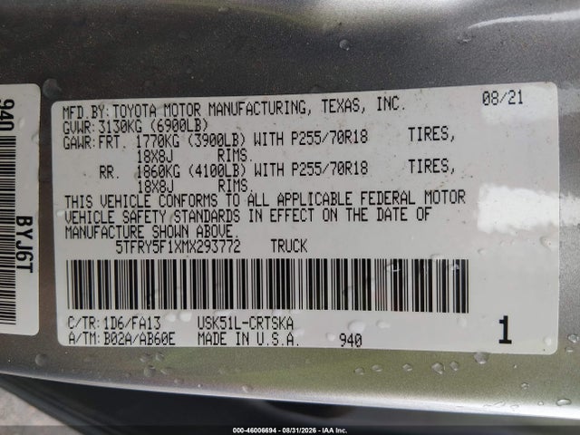 46006694 :رقم المزاد ، 5TFRY5F1XMX293772 vin ، 2021 Toyota Tundra Sr مزاد بيع