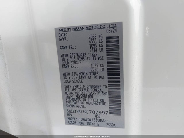 2024 Nissan Rogue Sv Fwd მანქანა იყიდება აუქციონზე, vin: 5N1BT3BA7RC707997, აუქციონის ნომერი: 46006702