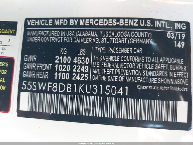 46006704 :رقم المزاد ، 55SWF8DB1KU315041 vin ، 2019 Mercedes-benz C 300 مزاد بيع