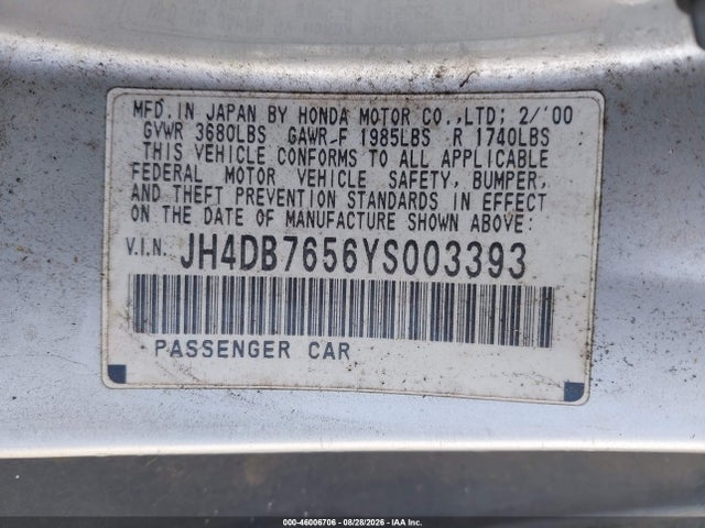 2000 Acura Integra Ls მანქანა იყიდება აუქციონზე, vin: JH4DB7656YS003393, აუქციონის ნომერი: 46006706