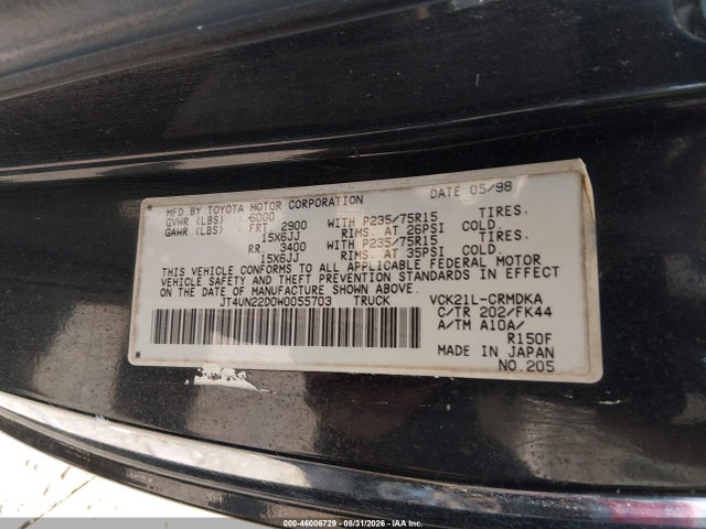 Aukcja sprzedaży 1998 Toyota T100 Dx V6, vin: JT4UN22D0W0055703, numer aukcji: 46006729