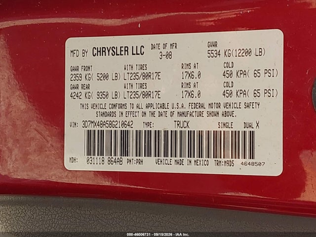Продаж на аукціоні авто 2008 Dodge Ram 3500 Slt, vin: 3D7MX48A58G210642, номер лоту: 46006731