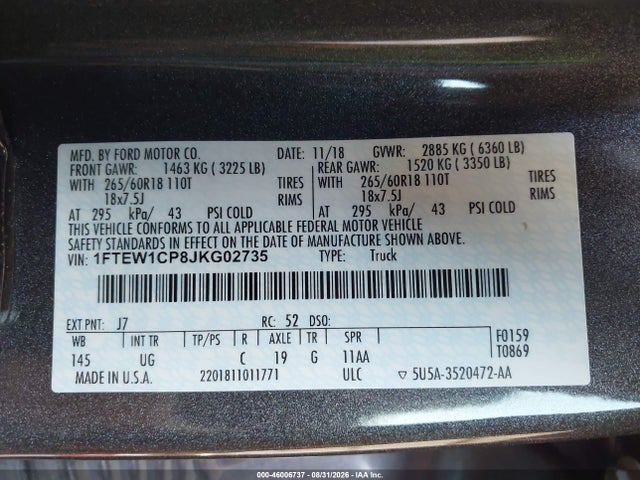 Продаж на аукціоні авто 2018 Ford F-150 Xlt, vin: 1FTEW1CP8JKG02735, номер лоту: 46006737