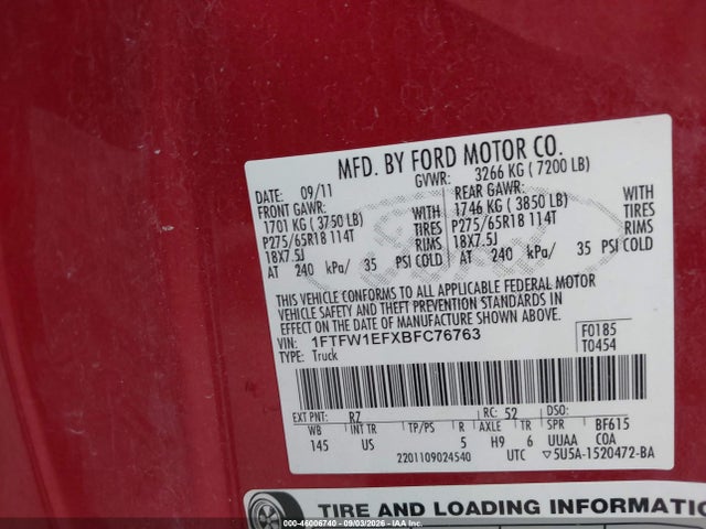 Продажа на аукционе авто 2011 Ford F-150 Xlt, vin: 1FTFW1EFXBFC76763, номер лота: 46006740