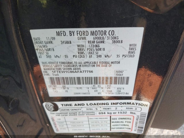 Продаж на аукціоні авто 2010 Ford F-150 Fx2 Sport/xl/xlt, vin: 1FTEW1C86AFA77756, номер лоту: 46006741