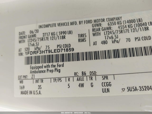 46006749 :رقم المزاد ، 1FDRF3HT9LED71859 vin ، 2020 Ford F-350 Chassis Xlt مزاد بيع