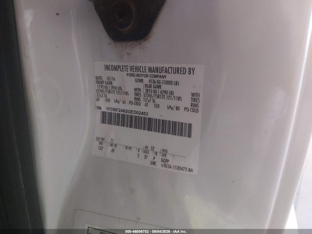 46006752 :رقم المزاد ، 1FDBF2A62GED02453 vin ، 2016 Ford F-250 Xl مزاد بيع