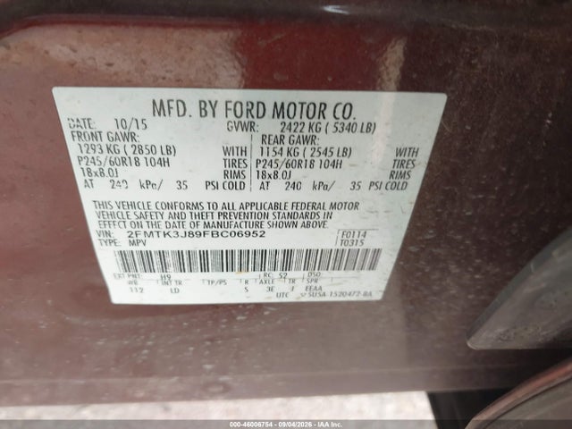 Aukcja sprzedaży 2015 Ford Edge Sel, vin: 2FMTK3J89FBC06952, numer aukcji: 46006754