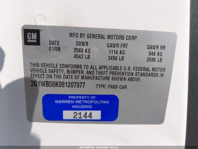 Продажа на аукционе авто 2008 Chevrolet Impala Ls, vin: 2G1WB58K881207977, номер лота: 46006756