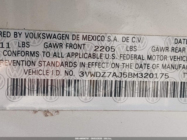 2011 Volkswagen Jetta 2.5l Se მანქანა იყიდება აუქციონზე, vin: 3VWDZ7AJ5BM320175, აუქციონის ნომერი: 46006761