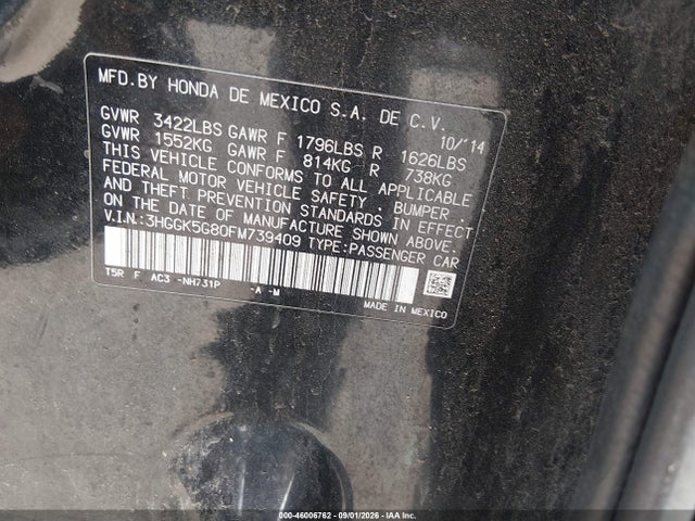 Aukcja sprzedaży 2015 Honda Fit Ex, vin: 3HGGK5G80FM739409, numer aukcji: 46006762