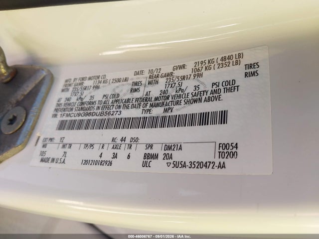 46006767 :رقم المزاد ، 1FMCU9G96DUB56273 vin ، 2013 Ford Escape Se مزاد بيع
