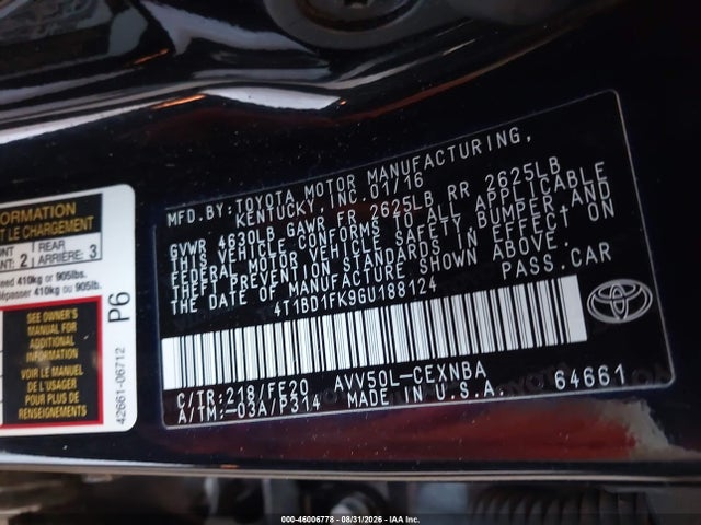 46006778 :رقم المزاد ، 4T1BD1FK9GU188124 vin ، 2016 Toyota Camry Hybrid Le مزاد بيع