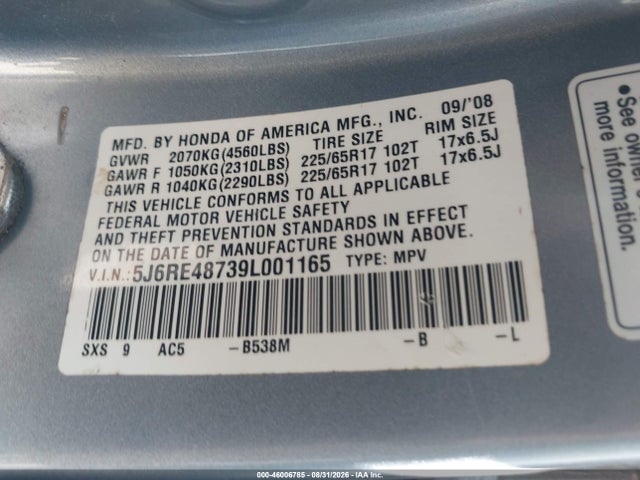 2009 Honda Cr-v Ex-l მანქანა იყიდება აუქციონზე, vin: 5J6RE48739L001165, აუქციონის ნომერი: 46006785