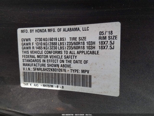 Продаж на аукціоні авто 2019 Honda Odyssey Lx, vin: 5FNRL6H22KB010976, номер лоту: 46006786