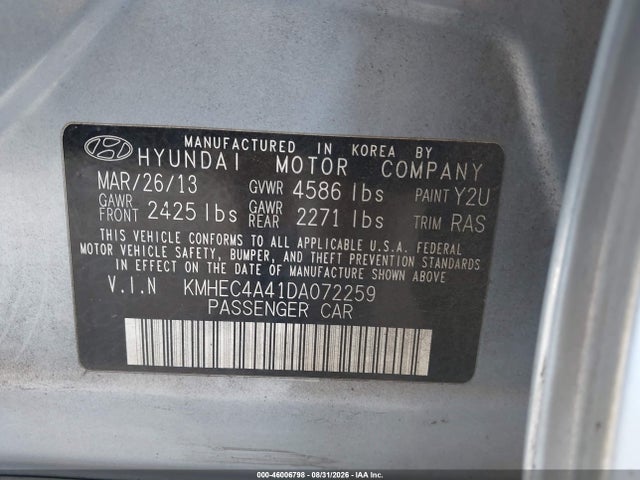 Aukcja sprzedaży 2013 Hyundai Sonata Hybrid, vin: KMHEC4A41DA072259, numer aukcji: 46006798