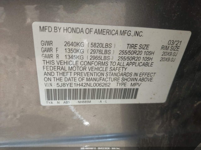2022 Acura Mdx Technology Package მანქანა იყიდება აუქციონზე, vin: 5J8YE1H42NL006262, აუქციონის ნომერი: 46006815