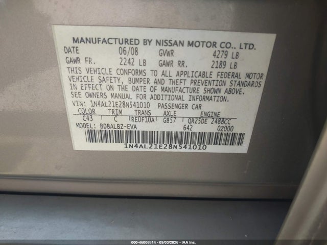Продажа на аукционе авто 2008 Nissan Altima 2.5 S, vin: 1N4AL21E28N541010, номер лота: 46006814