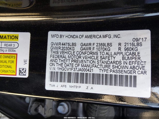 46006823 :رقم المزاد ، 1HGCV1F37JA000421 vin ، 2018 Honda Accord Sport مزاد بيع