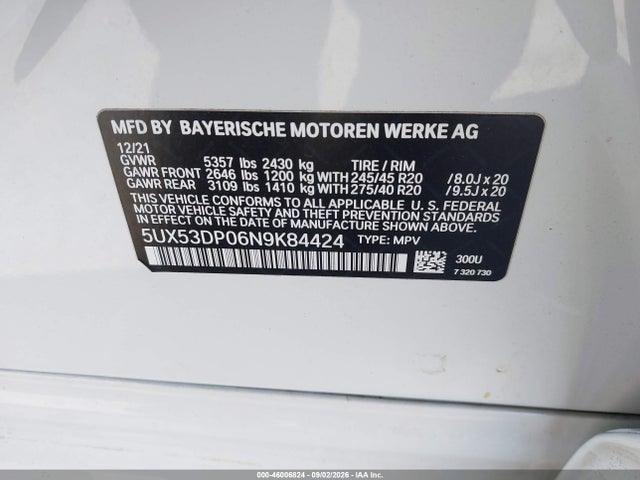 Продаж на аукціоні авто 2022 Bmw X3 Xdrive30i, vin: 5UX53DP06N9K84424, номер лоту: 46006824