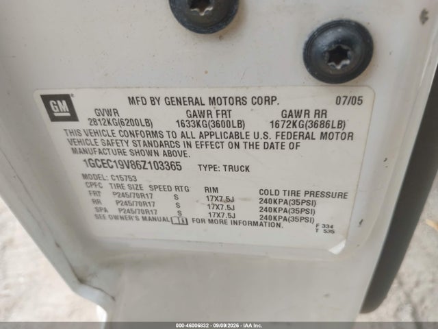 46006832 :رقم المزاد ، 1GCEC19V86Z103365 vin ، 2006 Chevrolet Silverado 1500 Lt1 مزاد بيع