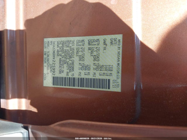 46006839 :رقم المزاد ، 5N1AZ2MG0FN225992 vin ، 2015 Nissan Murano Platinum/s/sl/sv مزاد بيع