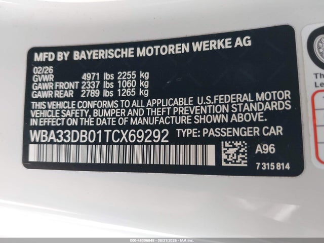 Aukcja sprzedaży 2026 Bmw 430i, vin: WBA33DB01TCX69292, numer aukcji: 46006848