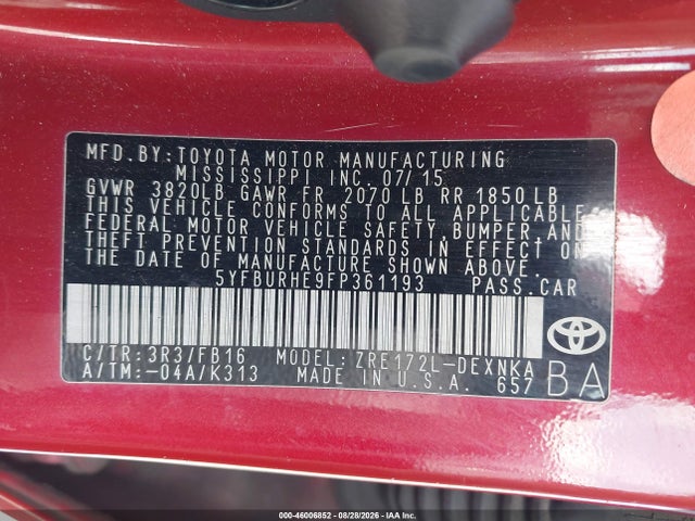 2015 Toyota Corolla Le მანქანა იყიდება აუქციონზე, vin: 5YFBURHE9FP361193, აუქციონის ნომერი: 46006852