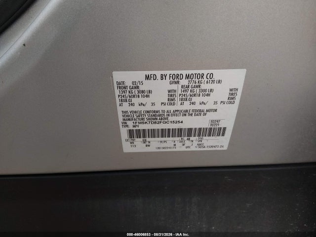 46006853 :رقم المزاد ، 1FM5K7D82FGC15254 vin ، 2015 Ford Explorer Xlt مزاد بيع