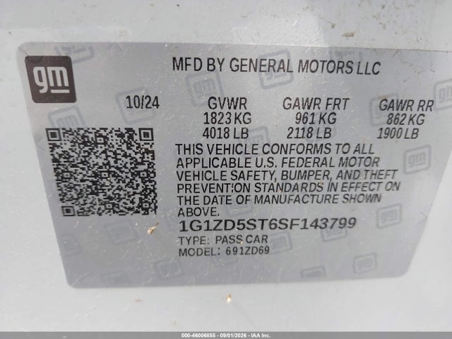 Продаж на аукціоні авто 2025 Chevrolet Malibu Fwd 1lt, vin: 1G1ZD5ST6SF143799, номер лоту: 46006855