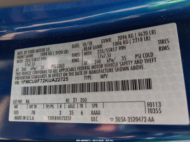 Продажа на аукционе авто 2019 Ford Escape S, vin: 1FMCU0F72KUA22725, номер лота: 46006872