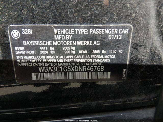 46006884 :رقم المزاد ، WBA3C1G5XDNR46768 vin ، 2013 Bmw 328i مزاد بيع