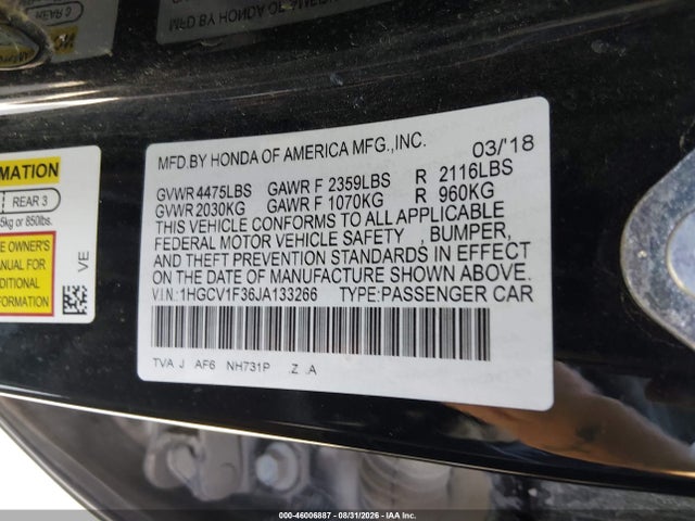 46006887 :رقم المزاد ، 1HGCV1F36JA133266 vin ، 2018 Honda Accord Sport مزاد بيع